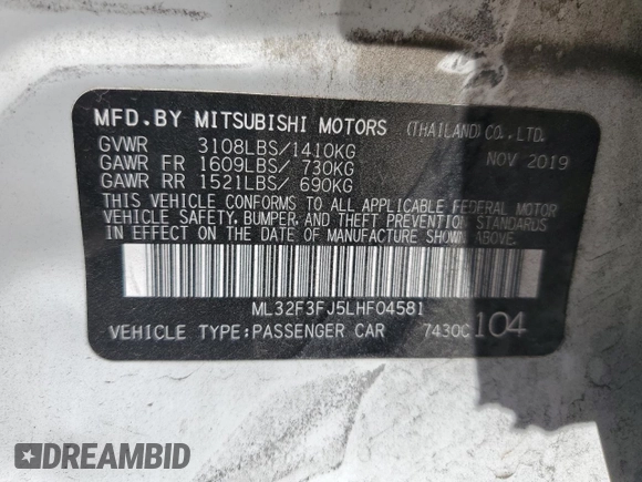 2020 Mitsubishi Mirage G4 ES with VIN ML32F3FJ5LHF04581, listed as a Copart auction lot 51094454 with 64,537 mi miles. Bid and sale history available at carsss.com. Image 14.