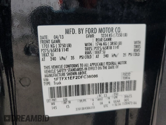 2013 Ford F-150 XL с VIN 1FTFX1EF2DFC38086, выставлен на аукционе Copart как лот 42149595 с пробегом 95 232 миль миль и Списание • Salvage title. История ставок и продаж доступна на DreamBid. Изображение 12.