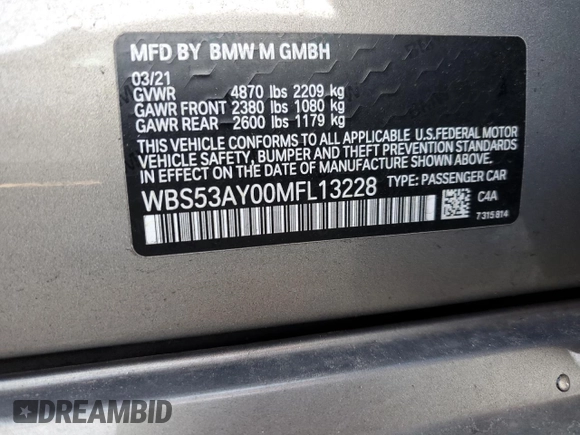 2021 BMW M3 with VIN WBS53AY00MFL13228, listed as a Copart auction lot 45938794 with 69,482 mi miles. Bid and sale history available at carsss.com. Image 12.
