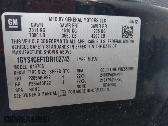 2013 Cadillac Escalade Premium with VIN 1GYS4CEF7DR102743, listed as a IAAI auction lot 41690593 with 228,070 mi miles. Bid and sale history available at carsss.com. Image 9.