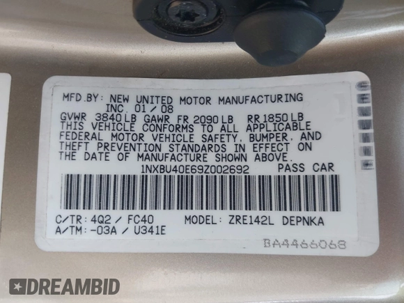 2009 Toyota Corolla with VIN 1NXBU40E69Z002692, listed as a IAAI auction lot 41942713 with 127,609 mi miles. Bid and sale history available at carsss.com. Image 9.
