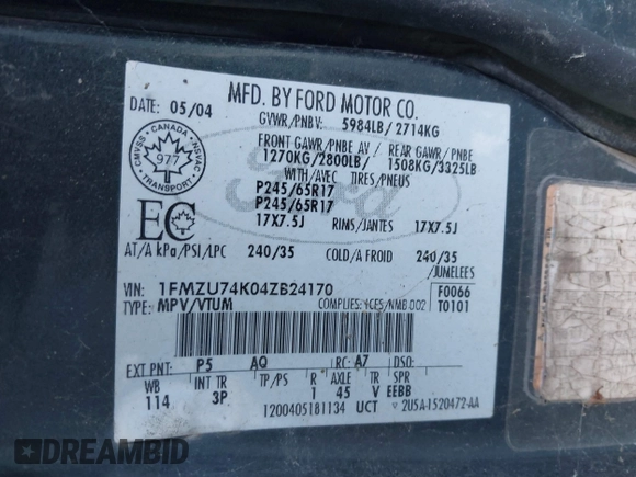 2004 Ford Explorer Eddie Bauer with VIN 1FMZU74K04ZB24170, listed as a IAAI auction lot 41056137 with Not provided miles and . Bid and sale history available at DreamBid. Image 9.