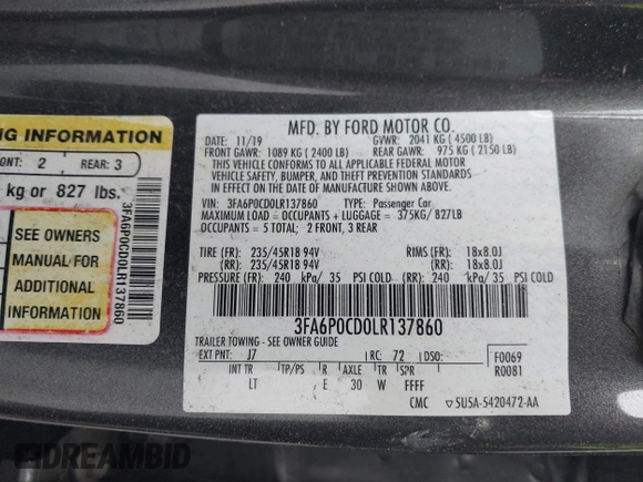 2020 Ford Fusion SEL с VIN 3FA6P0CD0LR137860, выставлен на аукционе IAAI как лот 42442924 с пробегом 64 998 миль миль и . История ставок и продаж доступна на DreamBid. Изображение 9.