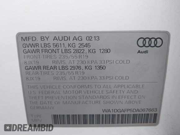 2013 Audi Q5 Premium Plus с VIN WA1DGAFP5DA067663, выставлен на аукционе IAAI как лот 41895983 с пробегом 94 828 миль миль и . История ставок и продаж доступна на DreamBid. Изображение 9.