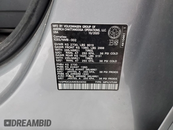 2021 Volkswagen Atlas SEL Premium R-Line with VIN 1V2FR2CA4MC543032, listed as a Copart auction lot 43999525 with 98,045 mi miles and Clean title. Bid and sale history available at DreamBid. Image 13.