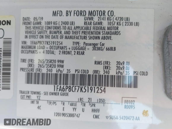 2019 Ford Mustang GT with VIN 1FA6P8CF7K5191254, listed as a IAAI auction lot 41883535 with 46,504 mi miles. Bid and sale history available at carsss.com. Image 9.