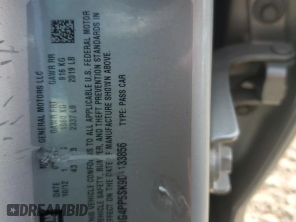 2013 Buick Verano with VIN 1G4PP5SK9D4133856, listed as a Copart auction lot 62121035 with 76,338 mi miles and Salvage title. Bid and sale history available at DreamBid. Image 12.
