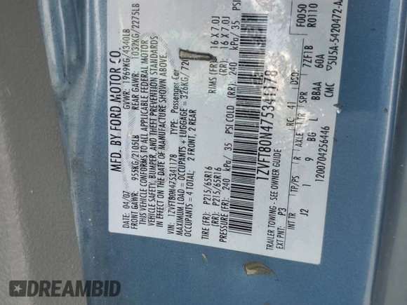2007 Ford Mustang Deluxe с VIN 1ZVFT80N475341178, выставлен на аукционе Copart как лот 56350015 с пробегом 275 292 миль миль и Списание • Salvage title. История ставок и продаж доступна на DreamBid. Изображение 12.