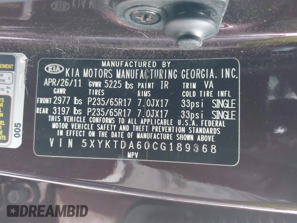 2012 Kia Sorento LX with VIN 5XYKTDA60CG189368, listed as a IAAI auction lot 41492733 with 104,349 mi miles. Bid and sale history available at carsss.com. Image 9.