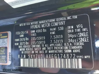 2014 Hyundai Santa Fe Sport with VIN 5XYZU3LAXEG174872, listed as a IAAI auction lot 41579071 with NaN miles. Bid and sale history available at carsss.com. Image 9.