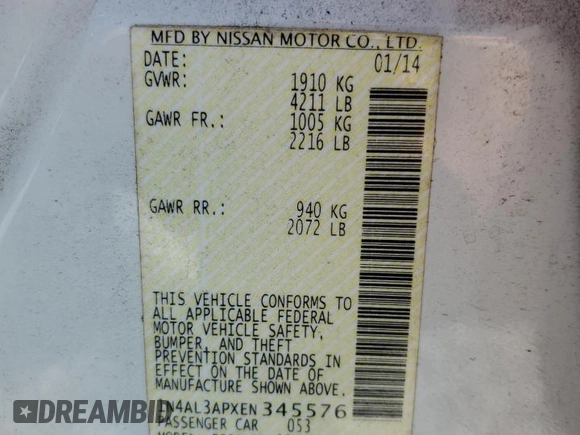 2014 Nissan Altima S with VIN 1N4AL3APXEN345576, listed as a Copart auction lot 52967765 with 171,901 mi miles and Salvage Title. Bid and sale history available at DreamBid. Image 14.
