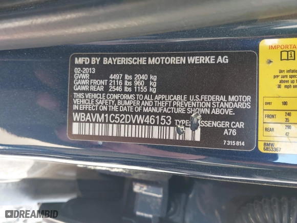2013 BMW X1 28i with VIN WBAVM1C52DVW46153, listed as a IAAI auction lot 41236419 with 160,732 mi miles. Bid and sale history available at carsss.com. Image 9.
