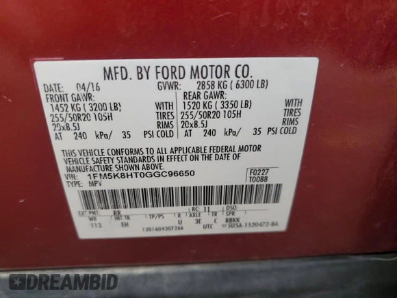 2016 Ford Explorer Platinum z VIN 1FM5K8HT0GGC96650, wystawiony jako Copart lot #58427945 z przebiegiem 129 381 mil mil oraz Szkoda całkowita • Salvage title. Historia ofert i sprzedaży dostępna na DreamBid. Obrazek 14.