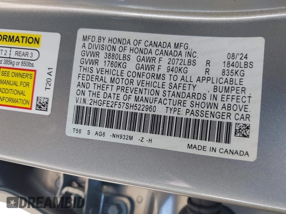 2025 Honda Civic Sport with VIN 2HGFE2F57SH522960, listed as a IAAI auction lot 42016973 with 3,689 mi miles and . Bid and sale history available at DreamBid. Image 9.
