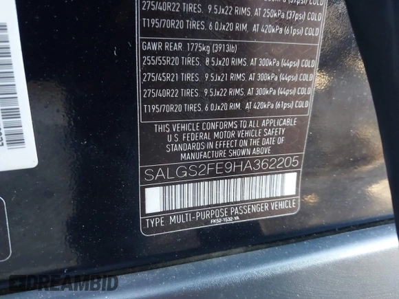 2017 Land Rover Range Rover with VIN SALGS2FE9HA362205, listed as a IAAI auction lot 41494558 with 75,291 mi miles and . Bid and sale history available at DreamBid. Image 8.