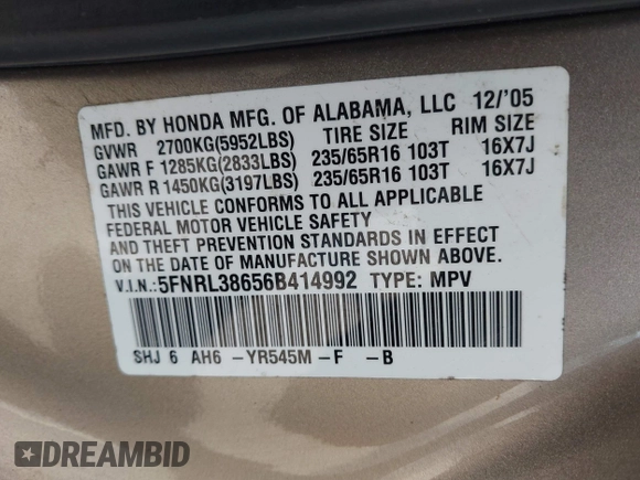 2006 Honda Odyssey EX-L with VIN 5FNRL38656B414992, listed as a IAAI auction lot 42179924 with 298,440 mi miles. Bid and sale history available at carsss.com. Image 9.