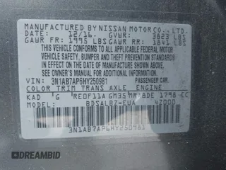 2017 Nissan Sentra S with VIN 3N1AB7AP6HY250981, listed as a IAAI auction lot 42030653 with 101,024 mi miles and . Bid and sale history available at DreamBid. Image 9.