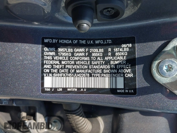 2018 Honda Civic EX z VIN SHHFK7H51JU422678, wystawiony jako IAAI lot #42453435 z przebiegiem 124 690 mil mil oraz . Historia ofert i sprzedaży dostępna na DreamBid. Obrazek 9.