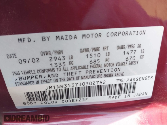 2003 Mazda MX-5 Miata Cloth with VIN JM1NB353730302782, listed as a IAAI auction lot 41751970 with 109,336 mi miles and . Bid and sale history available at DreamBid. Image 9.