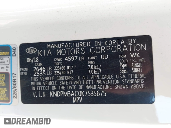 2019 Kia Sportage LX with VIN KNDPM3AC0K7535675, listed as a IAAI auction lot 41933482 with 118,012 mi miles and . Bid and sale history available at DreamBid. Image 9.