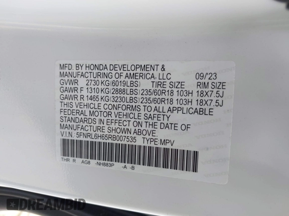 2024 Honda Odyssey EX-L with VIN 5FNRL6H65RB007535, listed as a IAAI auction lot 40602982 with 6,097 mi miles and . Bid and sale history available at DreamBid. Image 9.