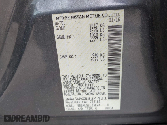2016 Nissan Altima S z VIN 1N4AL3APXGN334421, wystawiony jako IAAI lot #41886626 z przebiegiem 138 195 mil mil oraz . Historia ofert i sprzedaży dostępna na DreamBid. Obrazek 9.