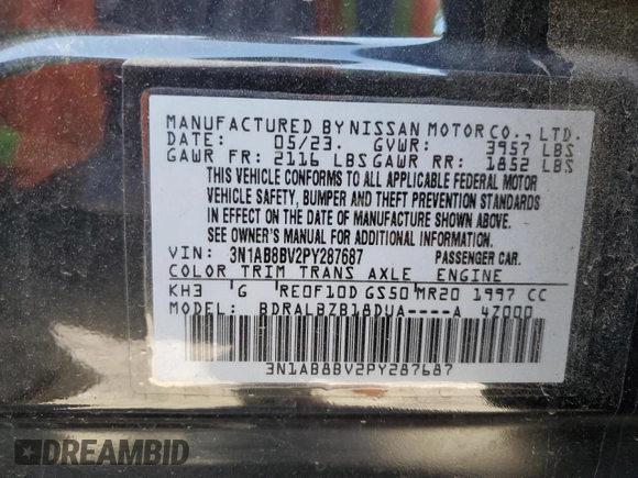 2023 Nissan Sentra S with VIN 3N1AB8BV2PY287687, listed as a Copart auction lot 50057175 with 28,014 mi miles and Salvage Title. Bid and sale history available at DreamBid. Image 12.