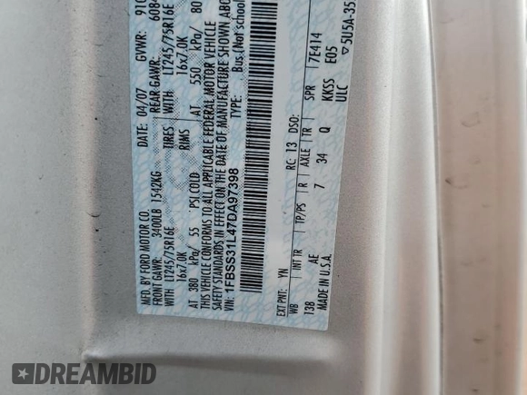 2007 Ford Econoline Passenger XL with VIN 1FBSS31L47DA97398, listed as a Copart auction lot 71482024 with 333,910 mi miles and Salvage title. Bid and sale history available at DreamBid. Image 13.