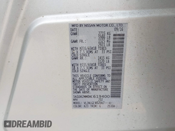 2017 Nissan Pathfinder SV z VIN 5N1DR2MM0HC619400, wystawiony jako IAAI lot #42457072 z przebiegiem 159 839 mil mil oraz . Historia ofert i sprzedaży dostępna na DreamBid. Obrazek 9.