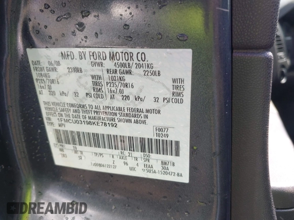 2008 Ford Escape XLT с VIN 1FMCU03198KE78192, выставлен на аукционе IAAI как лот 42260306 с пробегом 270 069 миль миль и . История ставок и продаж доступна на DreamBid. Изображение 9.