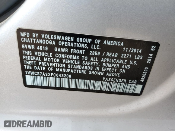 2015 Volkswagen Passat SEL Premium z VIN 1VWCS7A3XFC043208, wystawiony jako Copart lot #54766115 z przebiegiem 192 773 mil mil oraz Szkoda całkowita • Salvage title. Historia ofert i sprzedaży dostępna na DreamBid. Obrazek 12.