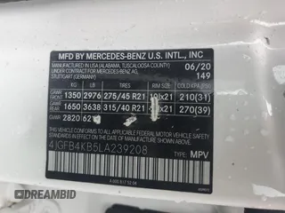 2020 Mercedes-Benz GLE 350 with VIN 4JGFB4KB5LA239208, listed as a Copart auction lot 57987375 with 54,256 mi miles and Salvage title. Bid and sale history available at DreamBid. Image 12.