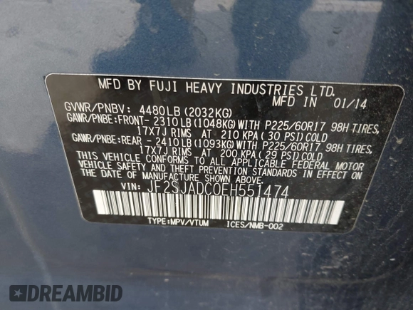 2014 Subaru Forester Premium z VIN JF2SJADC0EH551474, wystawiony jako IAAI lot #41977613 z przebiegiem 62 979 mil mil oraz . Historia ofert i sprzedaży dostępna na DreamBid. Obrazek 9.
