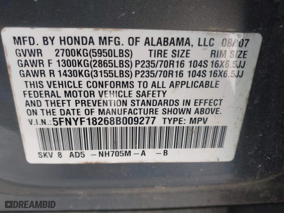 2008 Honda Pilot VP with VIN 5FNYF18268B009277, listed as a IAAI auction lot 41855234 with 150,311 mi miles. Bid and sale history available at carsss.com. Image 9.