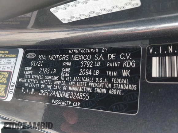 2021 Kia Forte LXS with VIN 3KPF24AD6ME324855, listed as a IAAI auction lot 42405970 with 45,219 mi miles and . Bid and sale history available at DreamBid. Image 9.