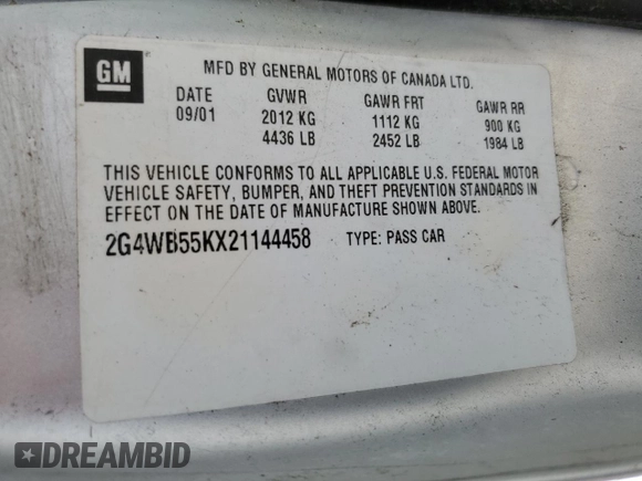 2002 Buick Regal LS z VIN 2G4WB55KX21144458, wystawiony jako Copart lot #54374445 z przebiegiem 97 900 mil mil oraz Czysty tytuł • Clean title. Historia ofert i sprzedaży dostępna na DreamBid. Obrazek 12.