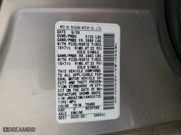 2010 Nissan Murano S with VIN JN8AZ1MU1AW000735, listed as a Copart auction lot 49690575 with 69,592 mi miles and Salvage Title. Bid and sale history available at carsss.com. Image 13.