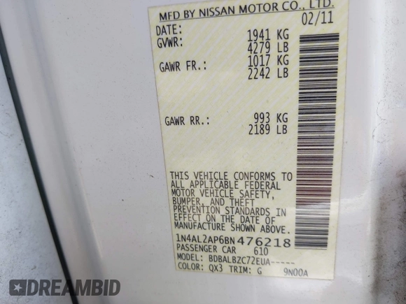2011 Nissan Altima 2.5 S with VIN 1N4AL2AP6BN476218, listed as a IAAI auction lot 37731114 with 142,047 mi miles. Bid and sale history available at carsss.com. Image 9.