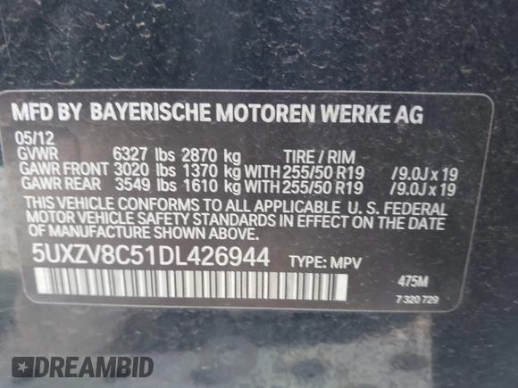 2013 BMW X5 xDrive50i z VIN 5UXZV8C51DL426944, wystawiony jako IAAI lot #41911303 z przebiegiem 106 266 mil mil oraz . Historia ofert i sprzedaży dostępna na DreamBid. Obrazek 9.