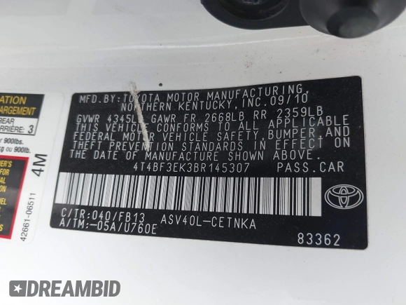 2011 Toyota Camry LE with VIN 4T4BF3EK3BR145307, listed as a IAAI auction lot 41900481 with 314,631 mi miles. Bid and sale history available at carsss.com. Image 9.