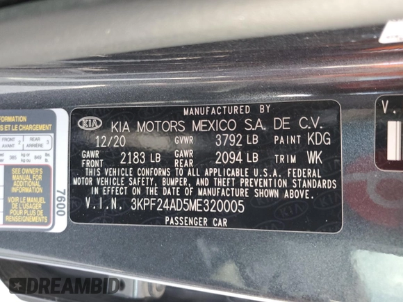 2021 Kia Forte FE with VIN 3KPF24AD5ME320005, listed as a Copart auction lot 67609154 with 24,948 mi miles and Salvage Title. Bid and sale history available at carsss.com. Image 12.