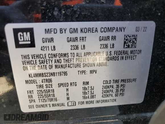 2022 Buick Encore GX Preferred with VIN KL4MMBS23NB119795, listed as a Copart auction lot 52240435 with 63,859 mi miles and Salvage Title. Bid and sale history available at DreamBid. Image 13.