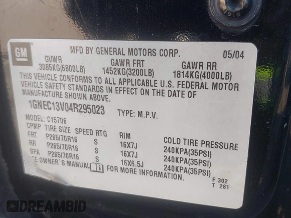 2004 Chevrolet Tahoe LS z VIN 1GNEC13V04R295023, wystawiony jako IAAI lot #42304325 z przebiegiem 170 153 mil mil oraz . Historia ofert i sprzedaży dostępna na DreamBid. Obrazek 9.