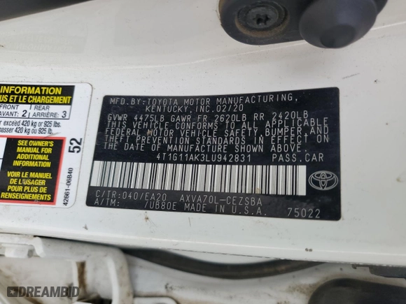 2020 Toyota Camry SE with VIN 4T1G11AK3LU942831, listed as a Copart auction lot 45449445 with 74,218 mi miles and Salvage Title. Bid and sale history available at carsss.com. Image 14.