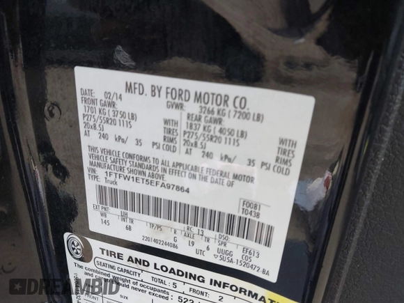 2014 Ford F-150 XL with VIN 1FTFW1ET5EFA97864, listed as a IAAI auction lot 41359634 with 188,072 mi miles and . Bid and sale history available at DreamBid. Image 9.