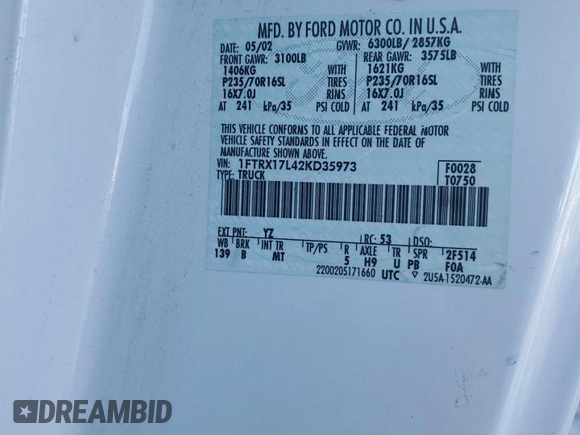 2002 Ford F-150 XL with VIN 1FTRX17L42KD35973, listed as a Copart auction lot 89121325 with 258,895 mi miles and Salvage title. Bid and sale history available at DreamBid. Image 12.