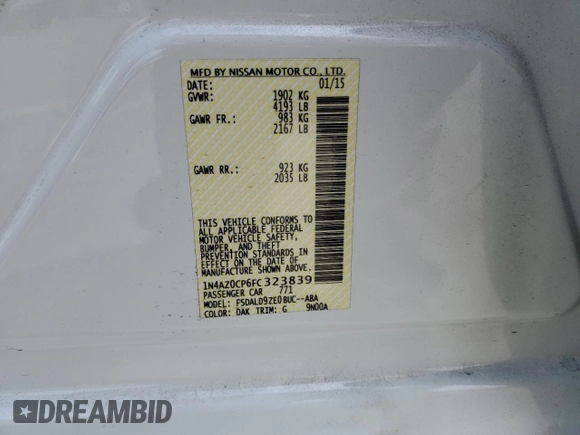 2015 Nissan LEAF SV with VIN 1N4AZ0CP6FC323839, listed as a Copart auction lot 62478103 with 59,069 mi miles. Bid and sale history available at carsss.com. Image 14.