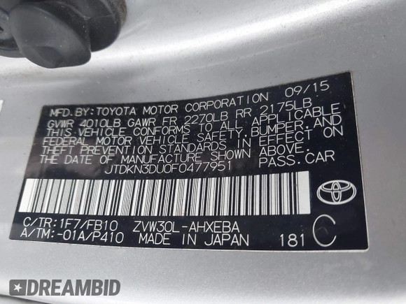 2015 Toyota Prius Four with VIN JTDKN3DU0F0477951, listed as a IAAI auction lot 41891202 with 141,991 mi miles. Bid and sale history available at carsss.com. Image 9.