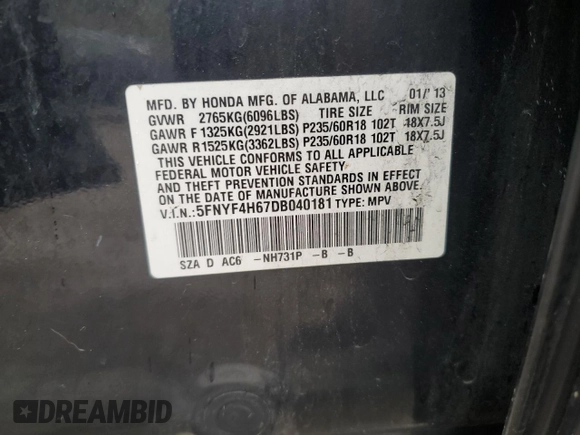 2013 Honda Pilot EX-L with VIN 5FNYF4H67DB040181, listed as a Copart auction lot 54472635 with 158,794 mi miles and Salvage Title. Bid and sale history available at carsss.com. Image 13.