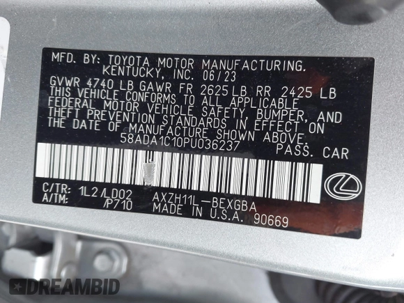 2023 Lexus ES 300h with VIN 58ADA1C10PU036237, listed as a IAAI auction lot 41914763 with 64,193 mi miles and . Bid and sale history available at DreamBid. Image 9.